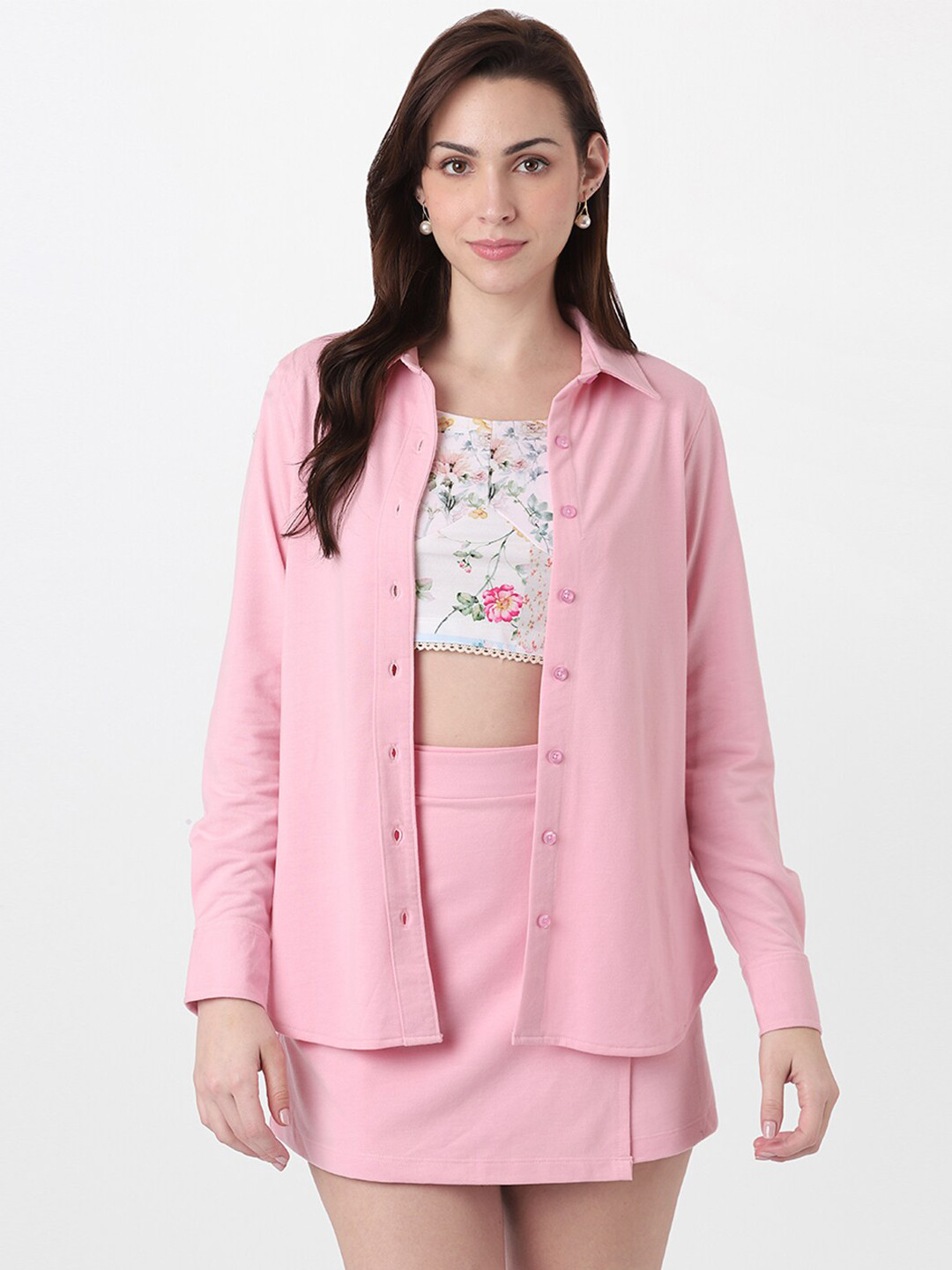 

AND Women Pink & White Printed Top with Skirt & Jacket