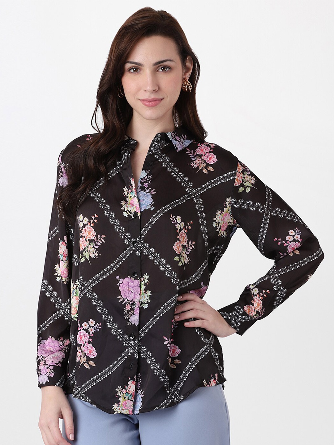 

AND Black Floral Print Styled Back Top