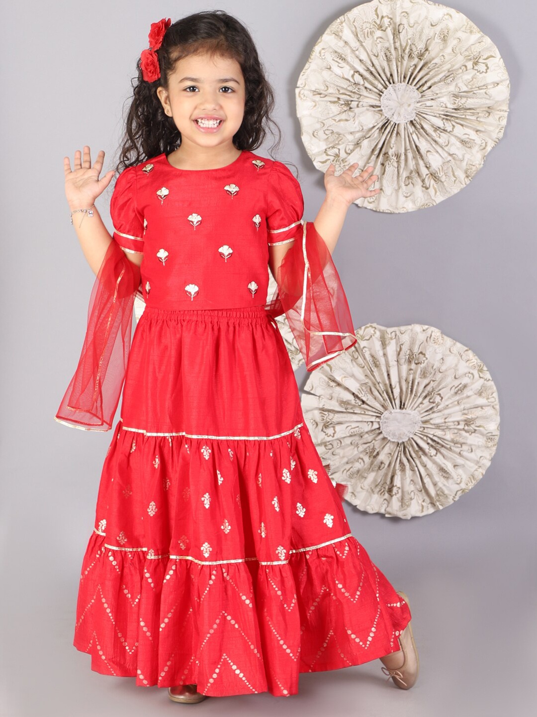 

LIL DRAMA Girls Red & White Embellished Ready to Wear Lehenga & Choli With Dupatta