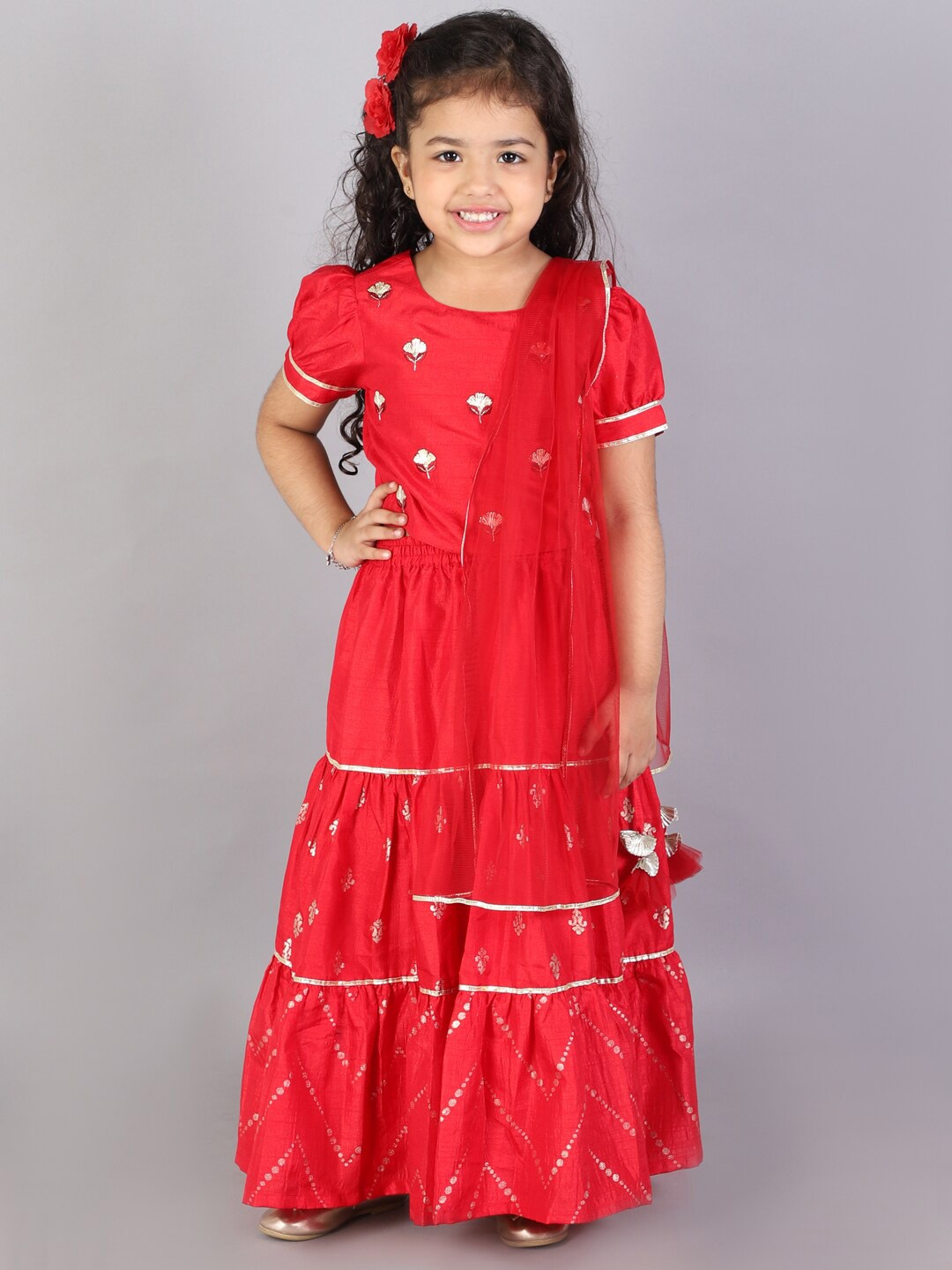 

LIL DRAMA Girls Red Embellished Ready to Wear Lehenga & Choli With Dupatta