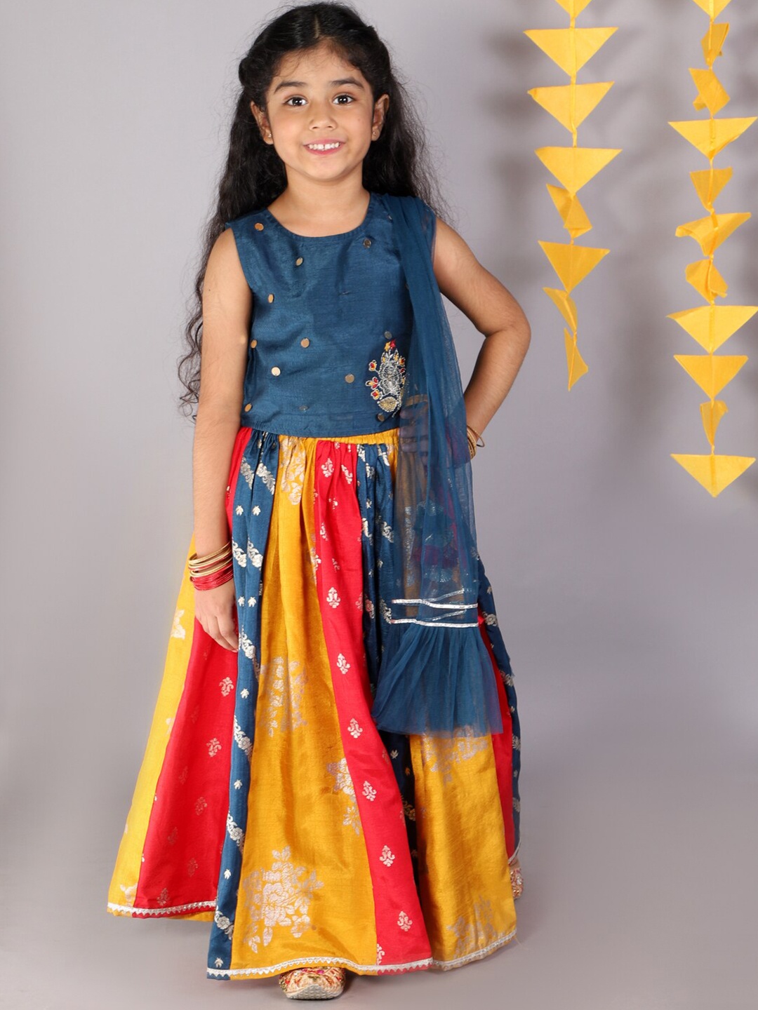 

LIL DRAMA Girls Blue & Yellow Embellished Ready to Wear Lehenga & Choli With Dupatta