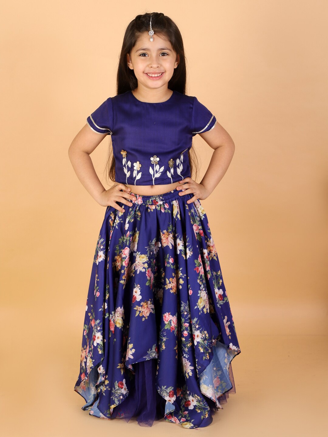 

LIL DRAMA Girls Blue & White Printed Ready to Wear Lehenga & Choli