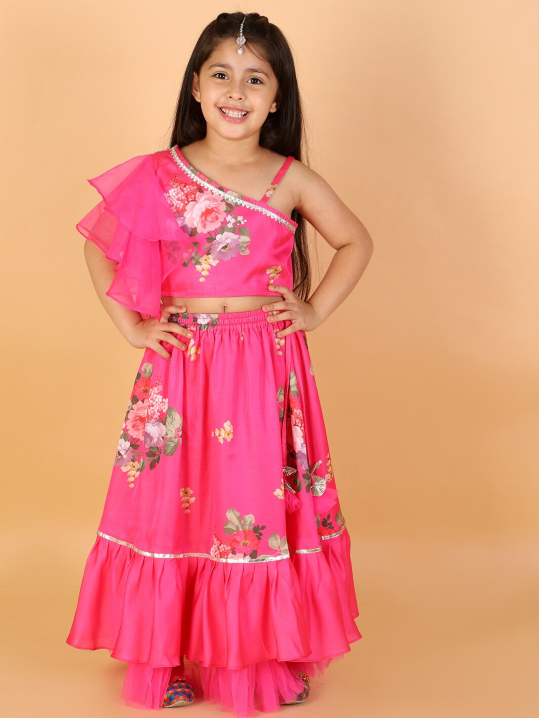 

LIL DRAMA Girls Pink & Green Printed Ready to Wear Lehenga & Choli