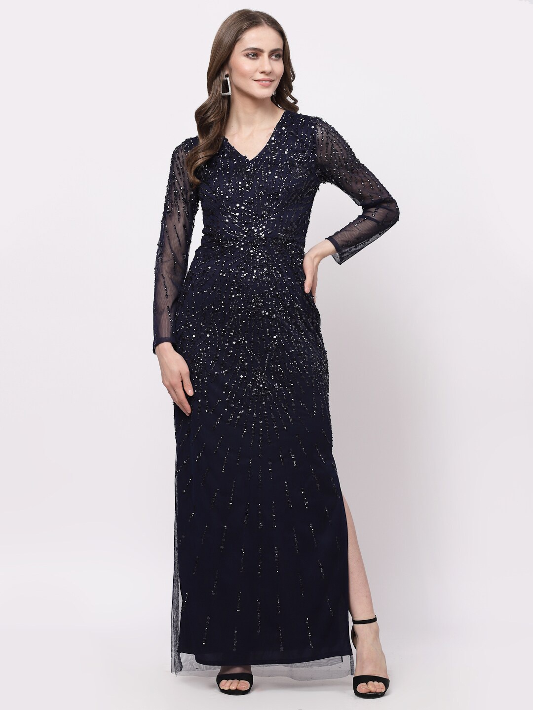 

Just Wow Embellished Net Maxi Dress, Navy blue