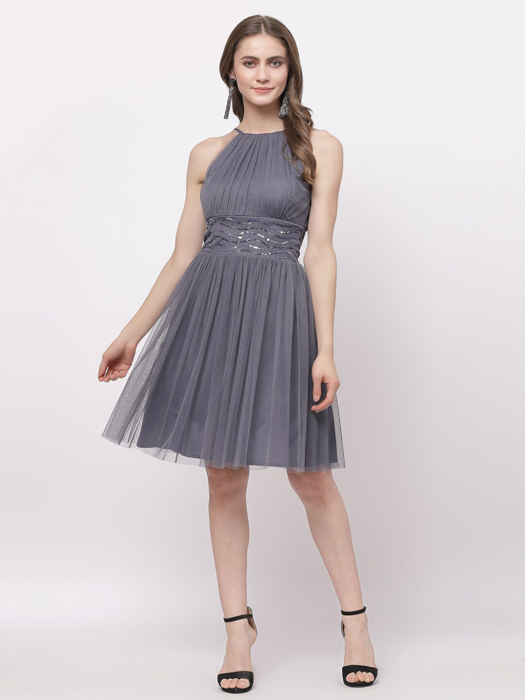 

Just Wow Embellished Net Dress, Grey