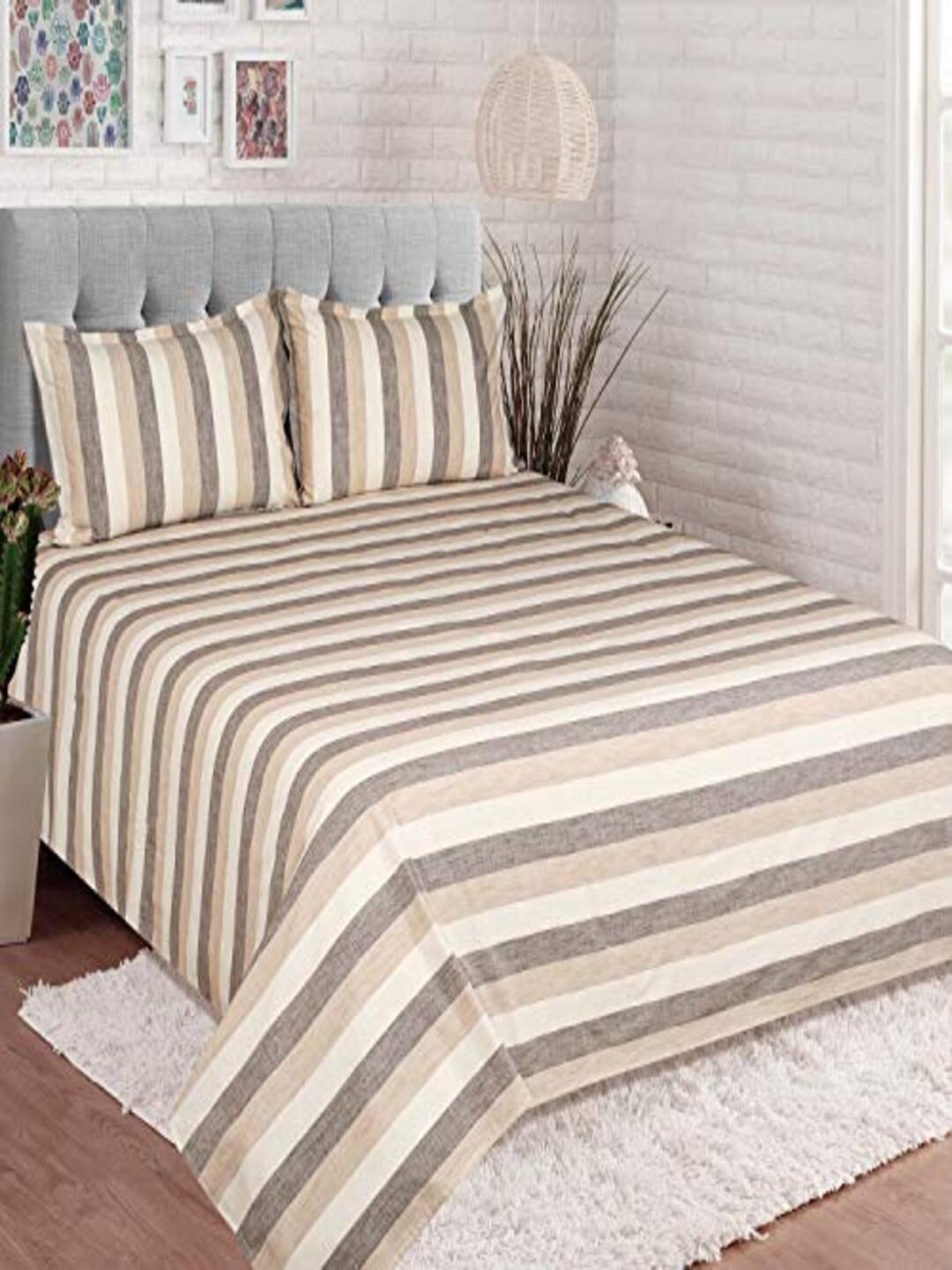 

SHADES of LIFE Brown & Grey Striped 250 TC King Bedsheet with 2 Pillow Covers