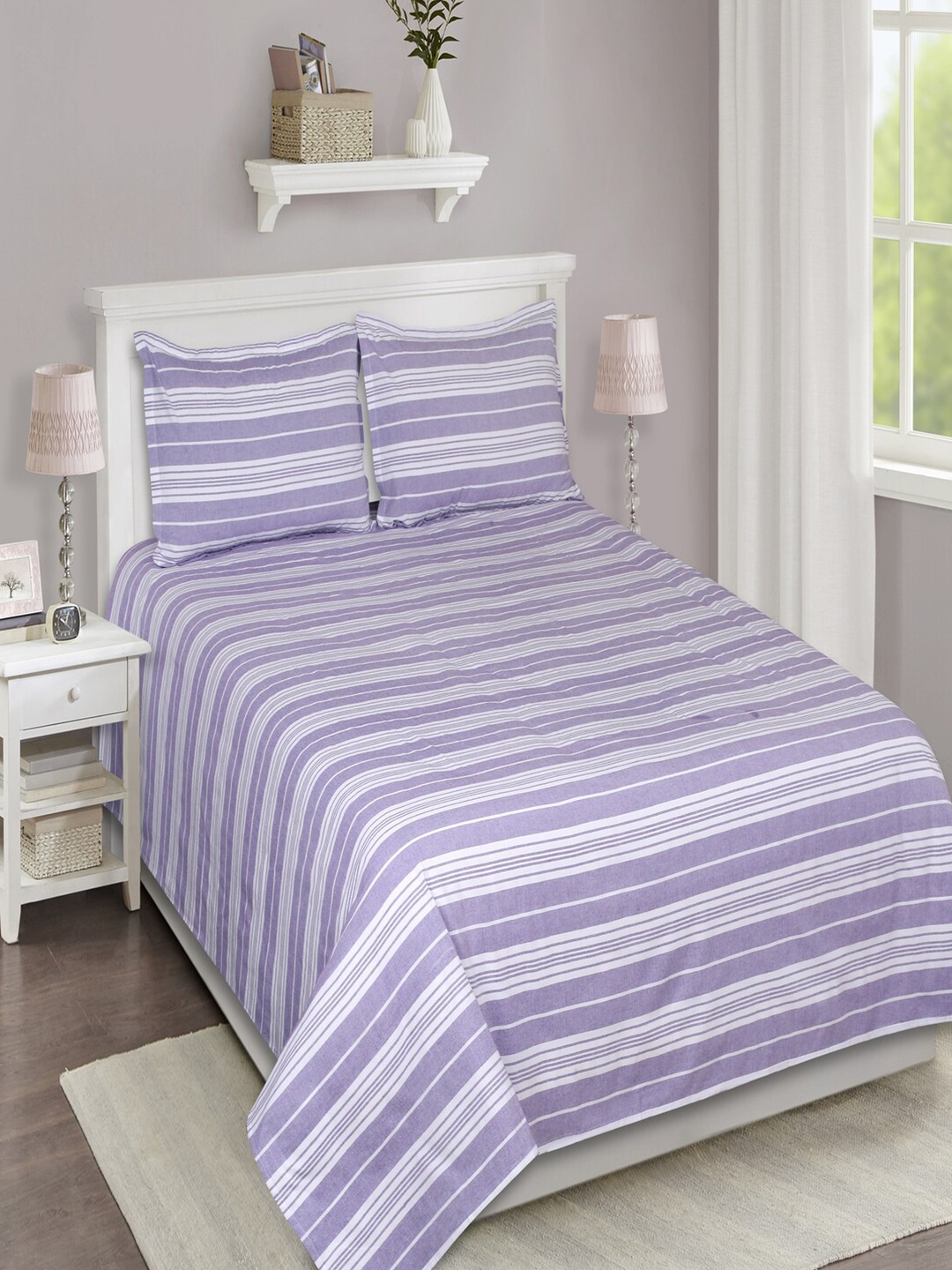 

SHADES of LIFE Purple & White Striped 250 TC King Bedsheet with 2 Pillow Covers