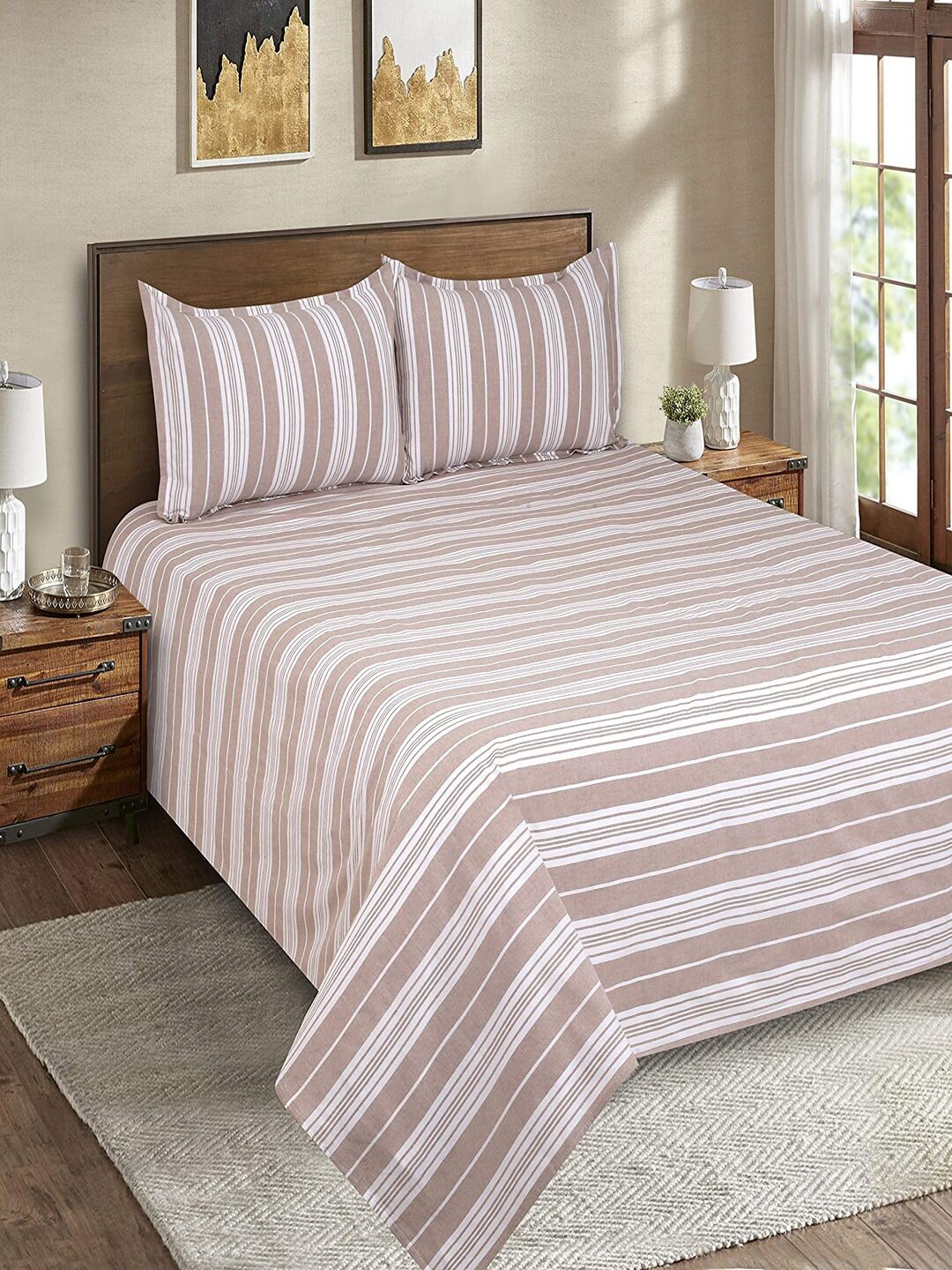 

SHADES of LIFE Brown & White Striped 250 TC King Bedsheet with 2 Pillow Covers