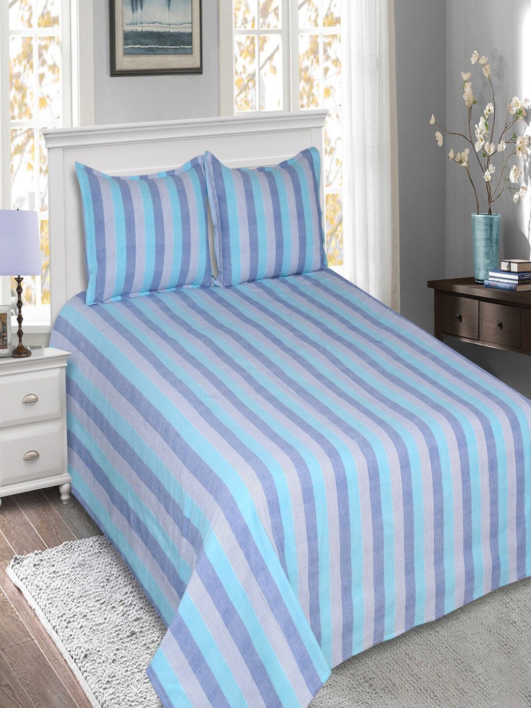 

SHADES of LIFE Blue & Grey Striped 250 TC King Bedsheet with 2 Pillow Covers
