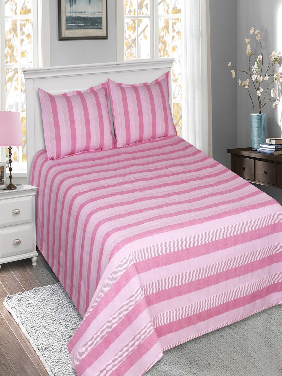 

SHADES of LIFE Pink Striped 250 TC King Bedsheet with 2 Pillow Covers