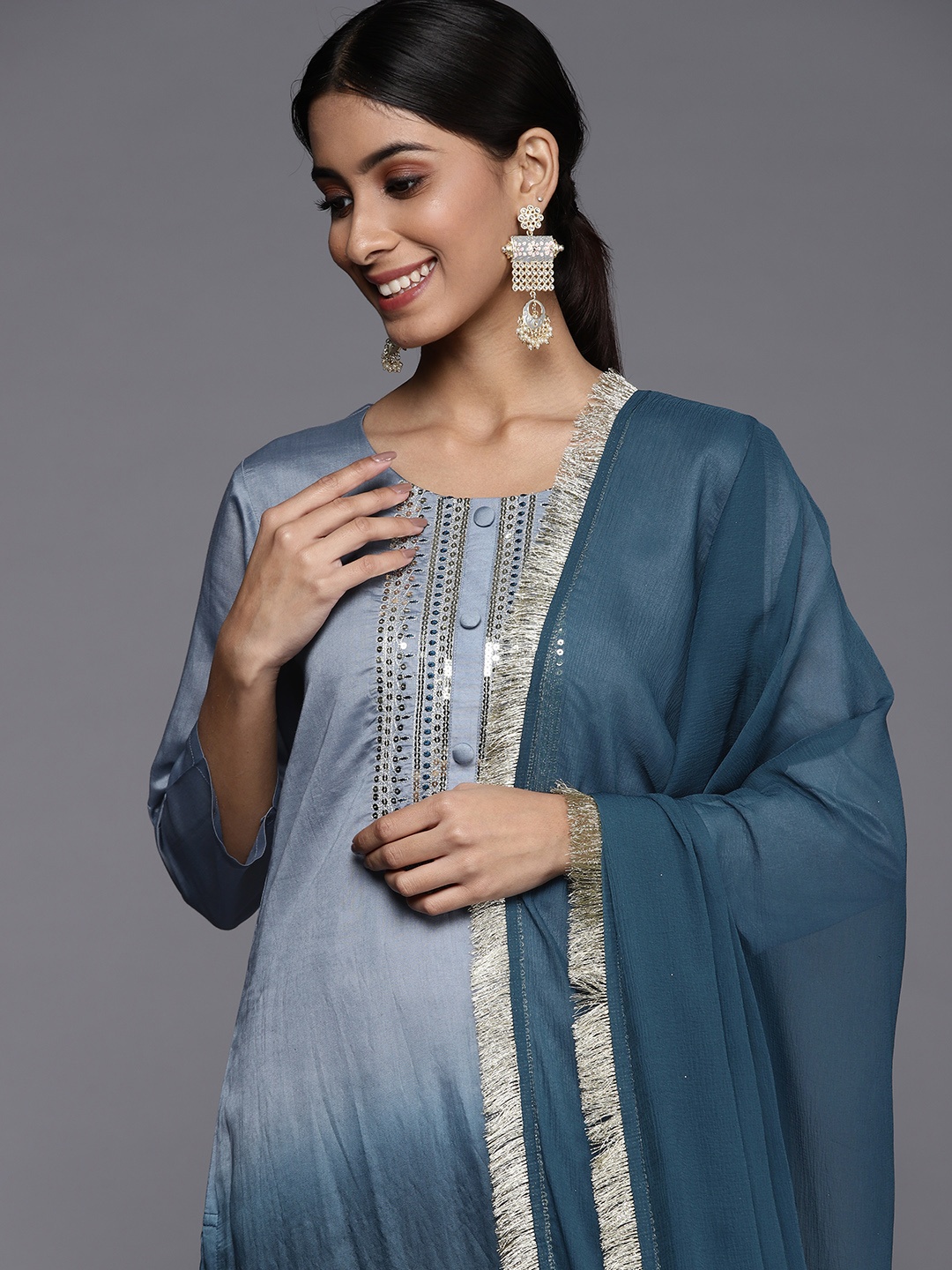 

Varanga Women Grey Yoke Design Sequinned Kurta with Trousers & With Dupatta