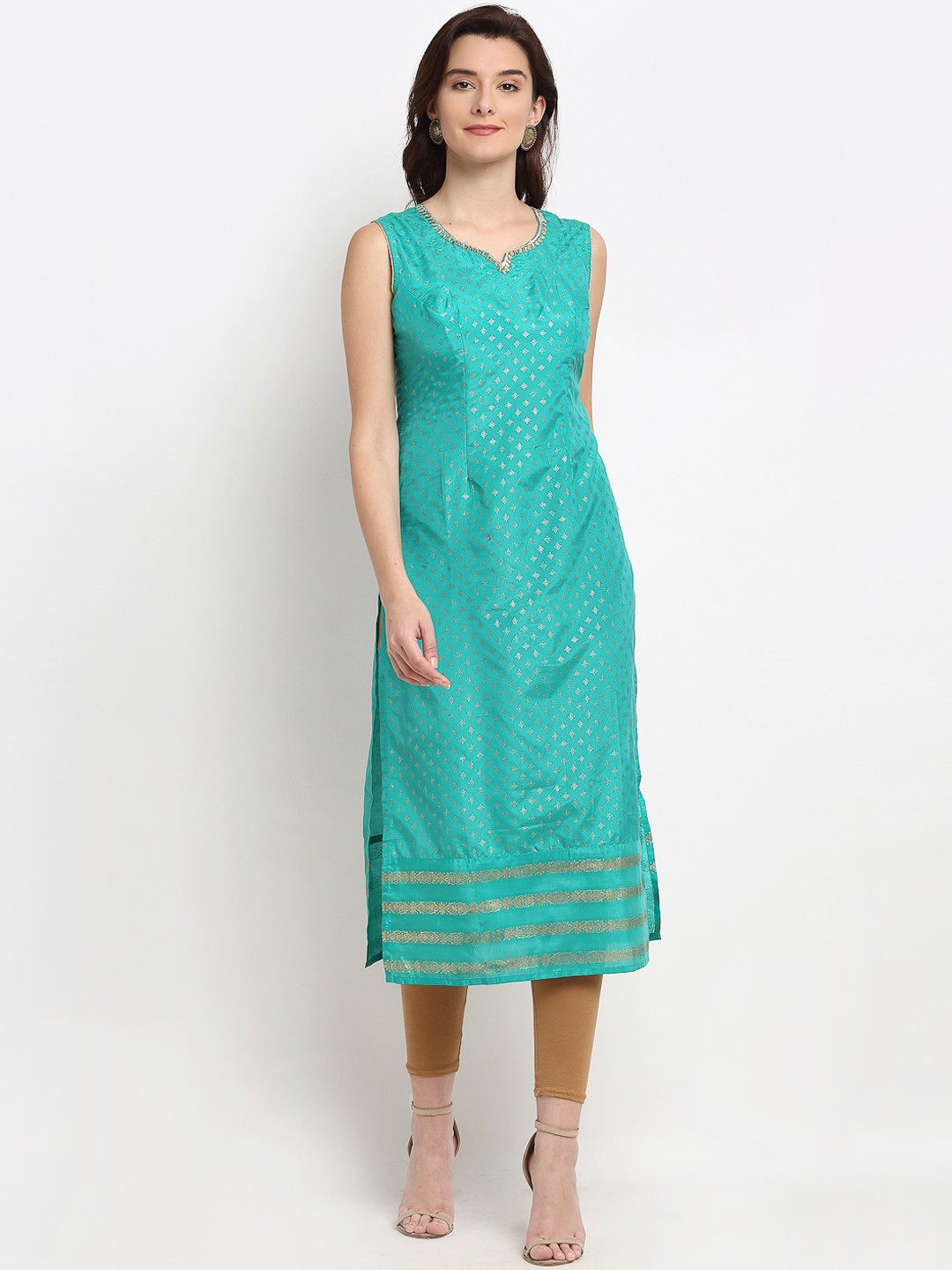 

Lovely Lady Women Teal & Gold Printed Sleeveless Straight Kurta