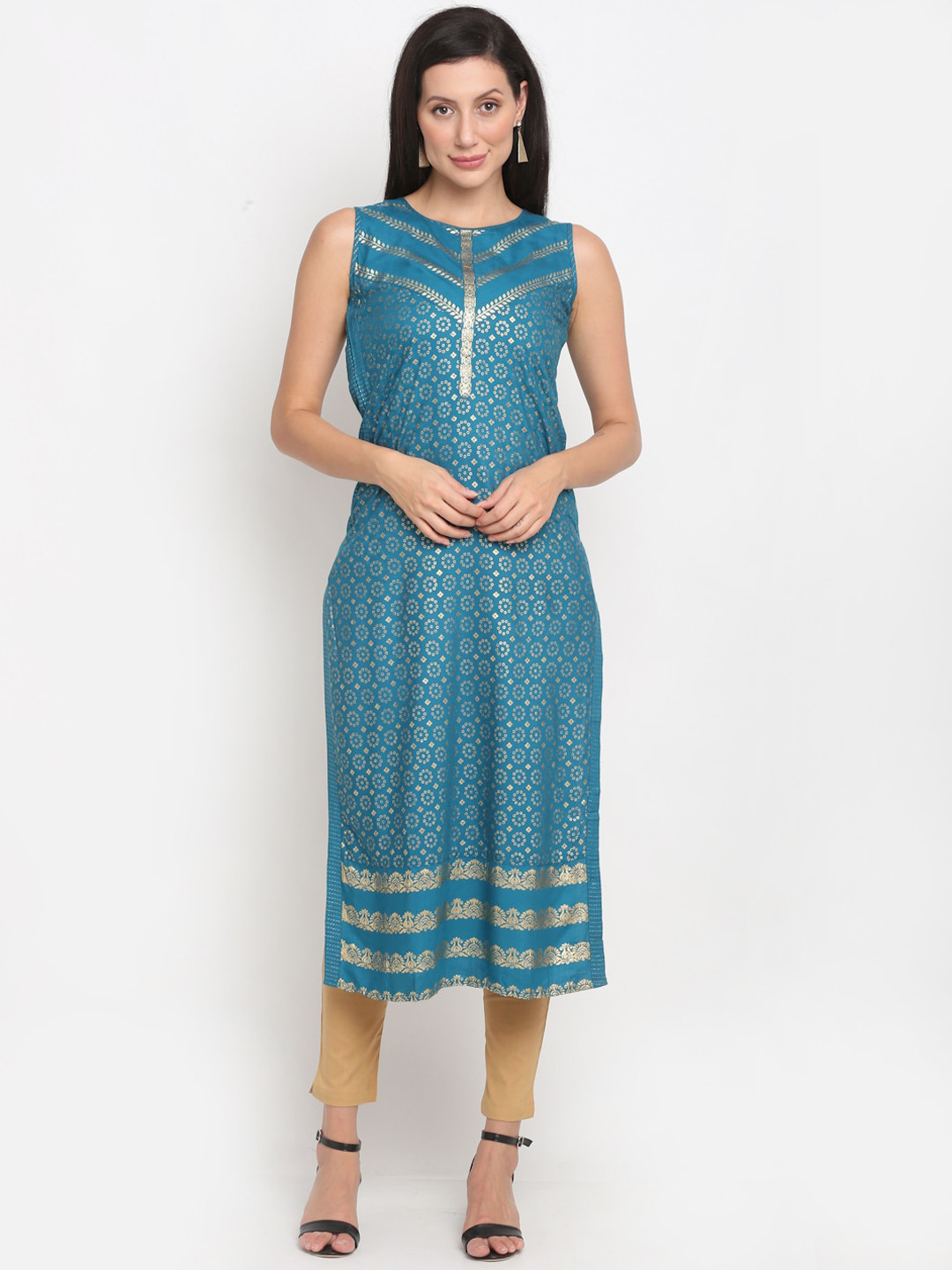 

Lovely Lady Women Green And Gold Foil Printed Sleeveless Straight Kurta