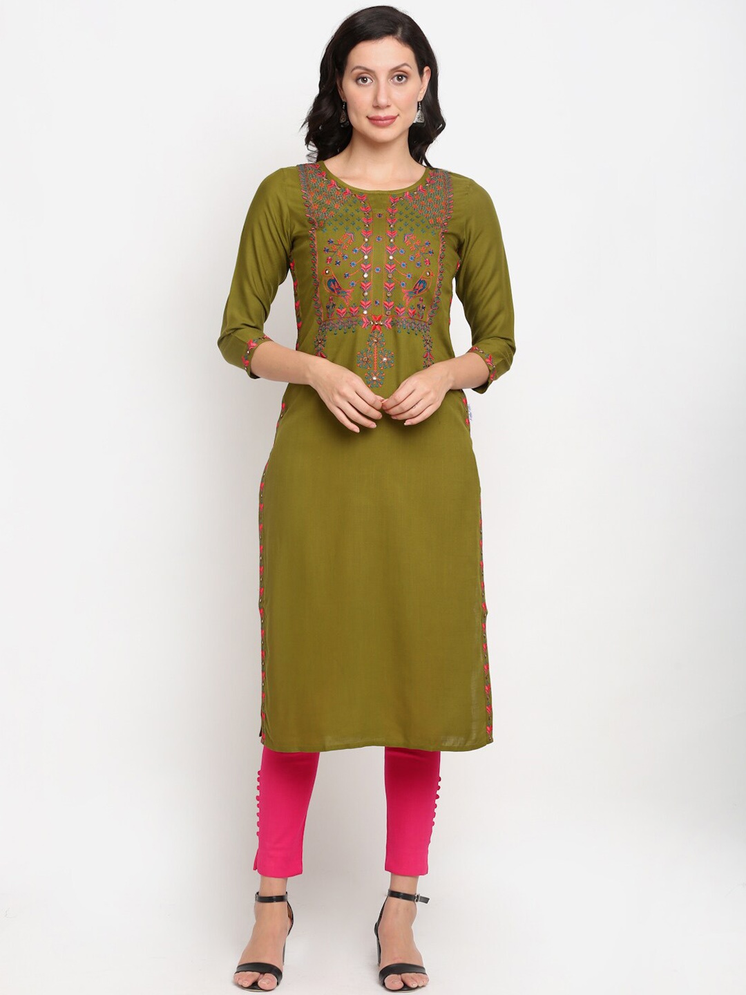 

Lovely Lady Women Olive Green Floral Embroidered Mirror Work Kurta