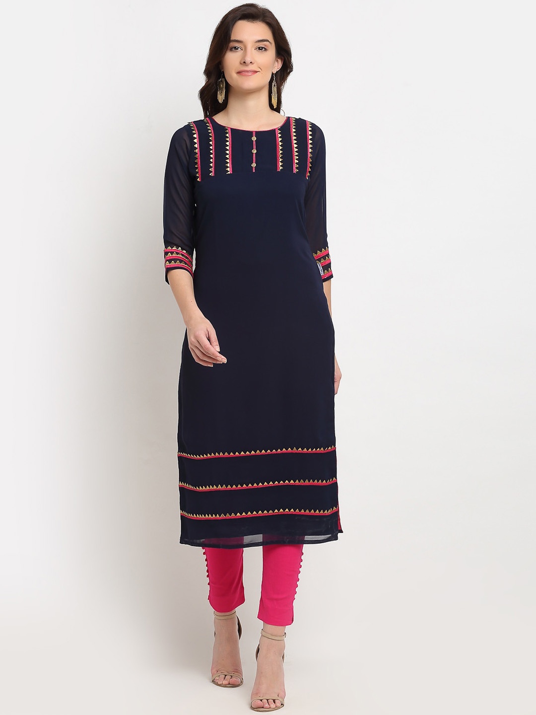 

Lovely Lady Women Navy Blue Yoke Design Gotta Patti Georgette Kurta