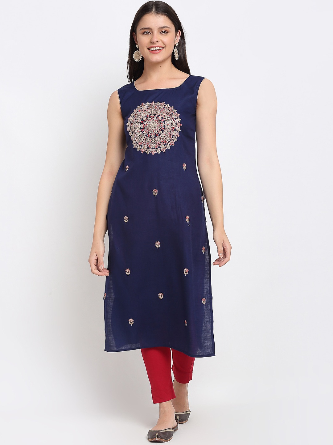 

Lovely Lady Women Navy Blue Embroidered And Embellished Sleeveless Kurta