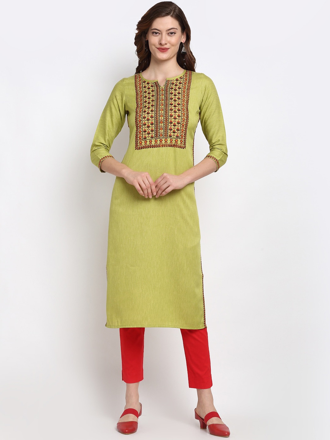 

Lovely Lady Women Geometric Embroidered Thread Work Kurta, Lime green