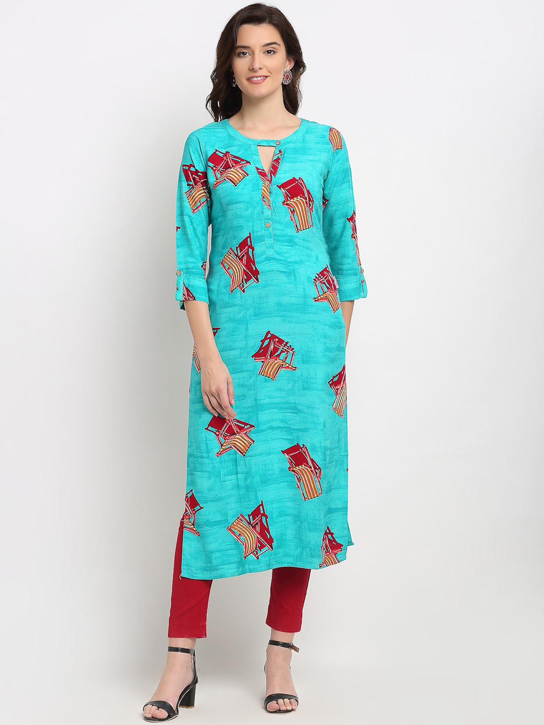 

Lovely Lady Women Turquoise Blue & Red Quirky Printed Keyhole Neck Kurta