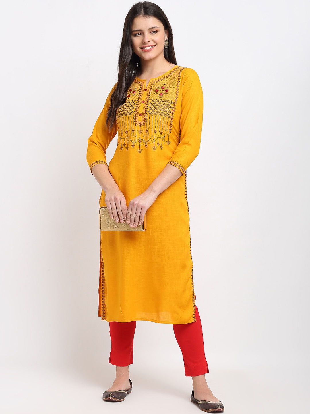 

Lovely Lady Women Mustard Yellow Floral Embroidered Kurta