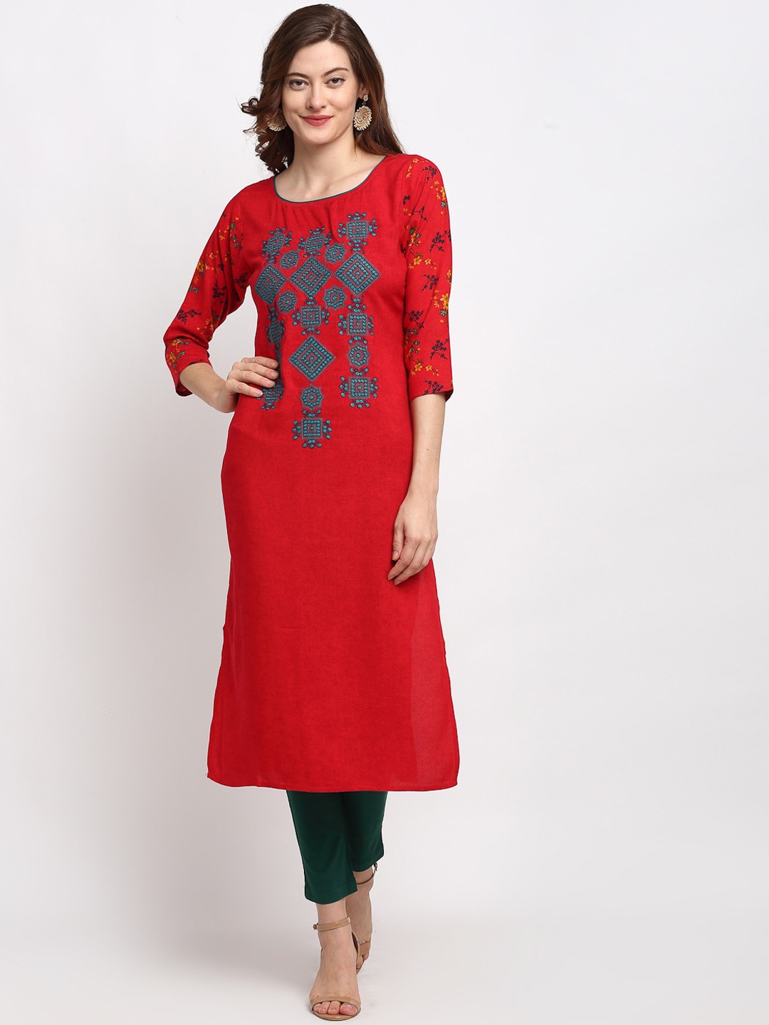 

Lovely Lady Women Red Ethnic Motifs Yoke Design Thread Work Kurta