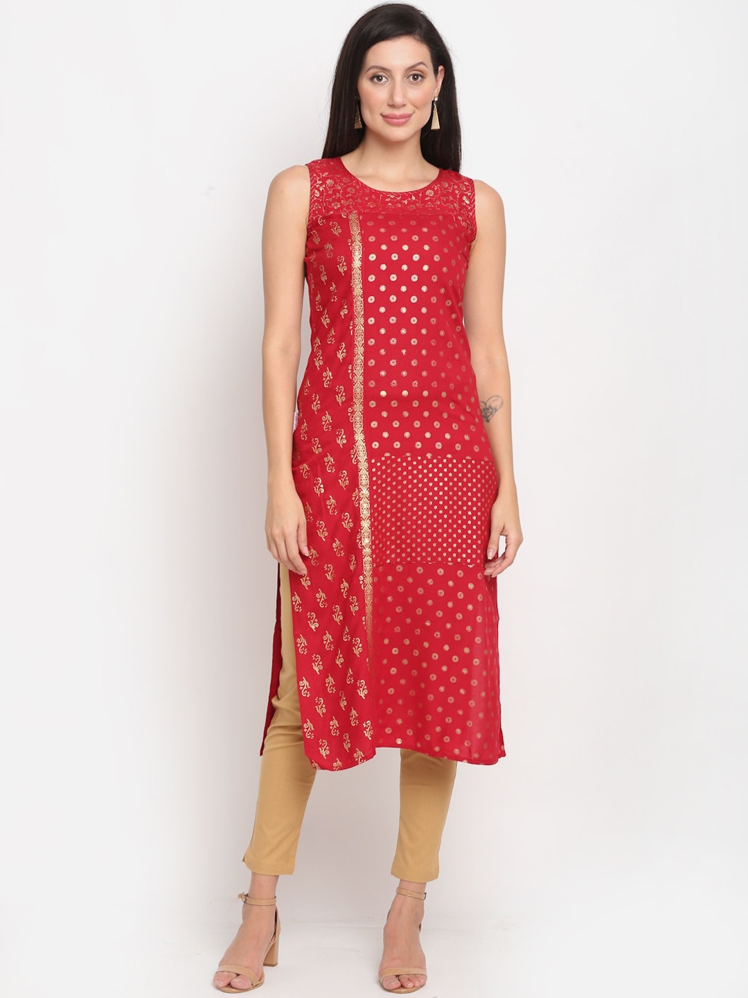 

Lovely Lady Women Red Ethnic Motifs Foil Print Sleeveless Kurta