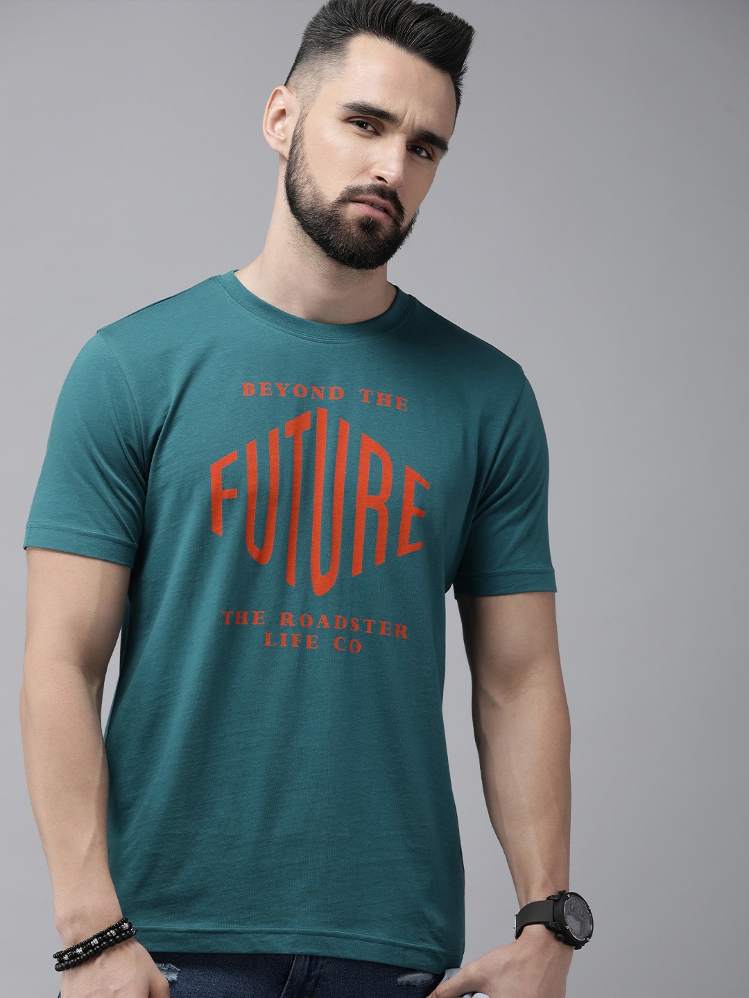 

Roadster Men Teal Green & Orange Typography Printed Pure Cotton T-shirt