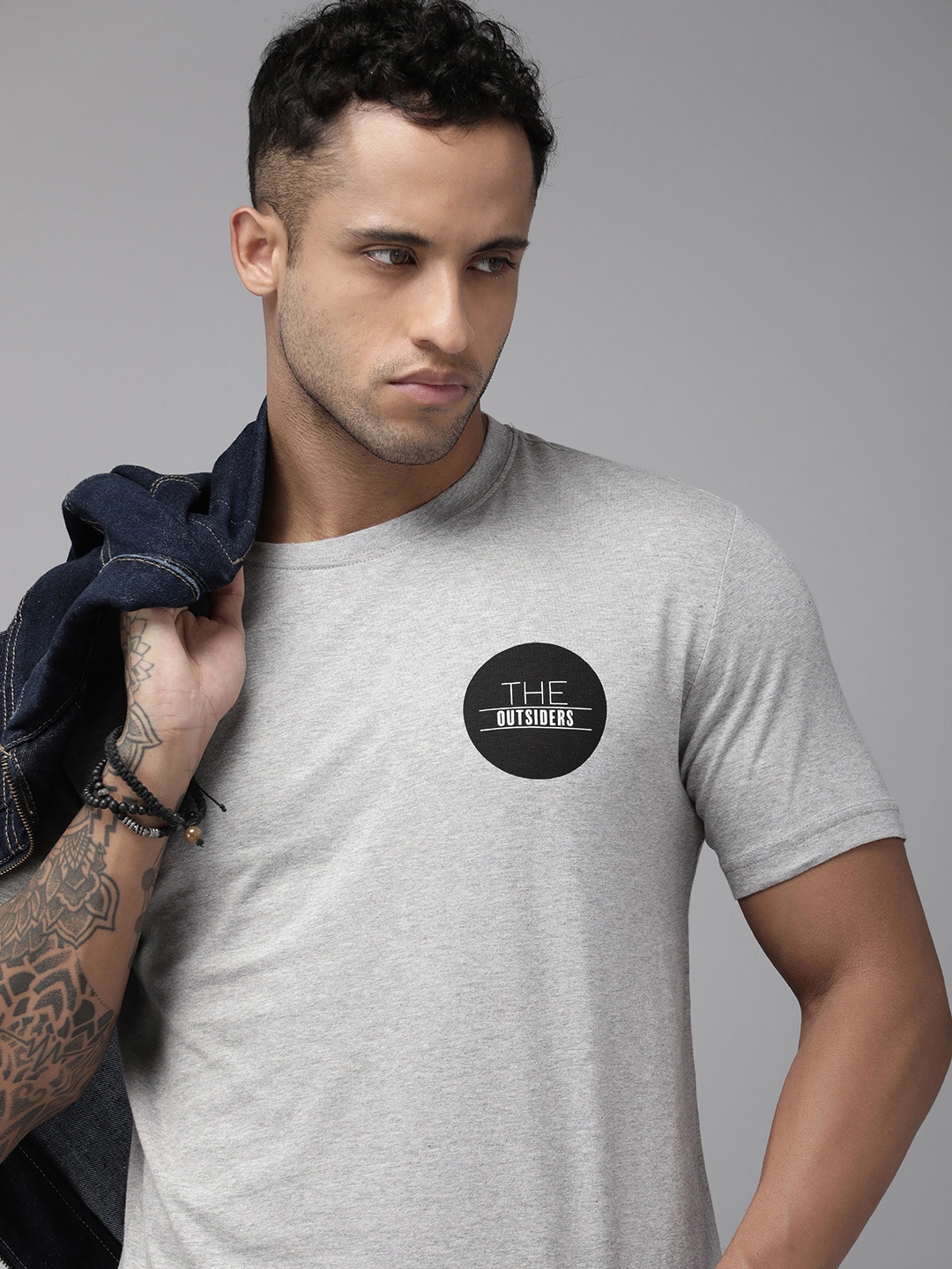 

Roadster Men Grey Melange Typography Printed T-shirt