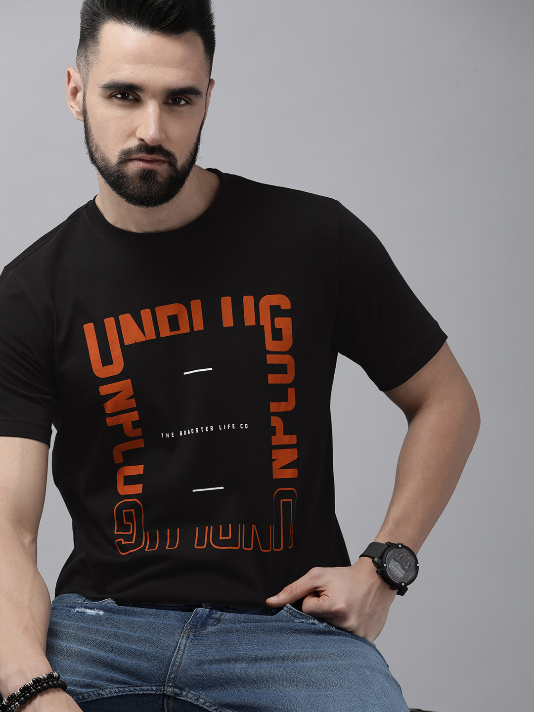 

Roadster Men Black & Red Typography Printed Pure Cotton T-shirt