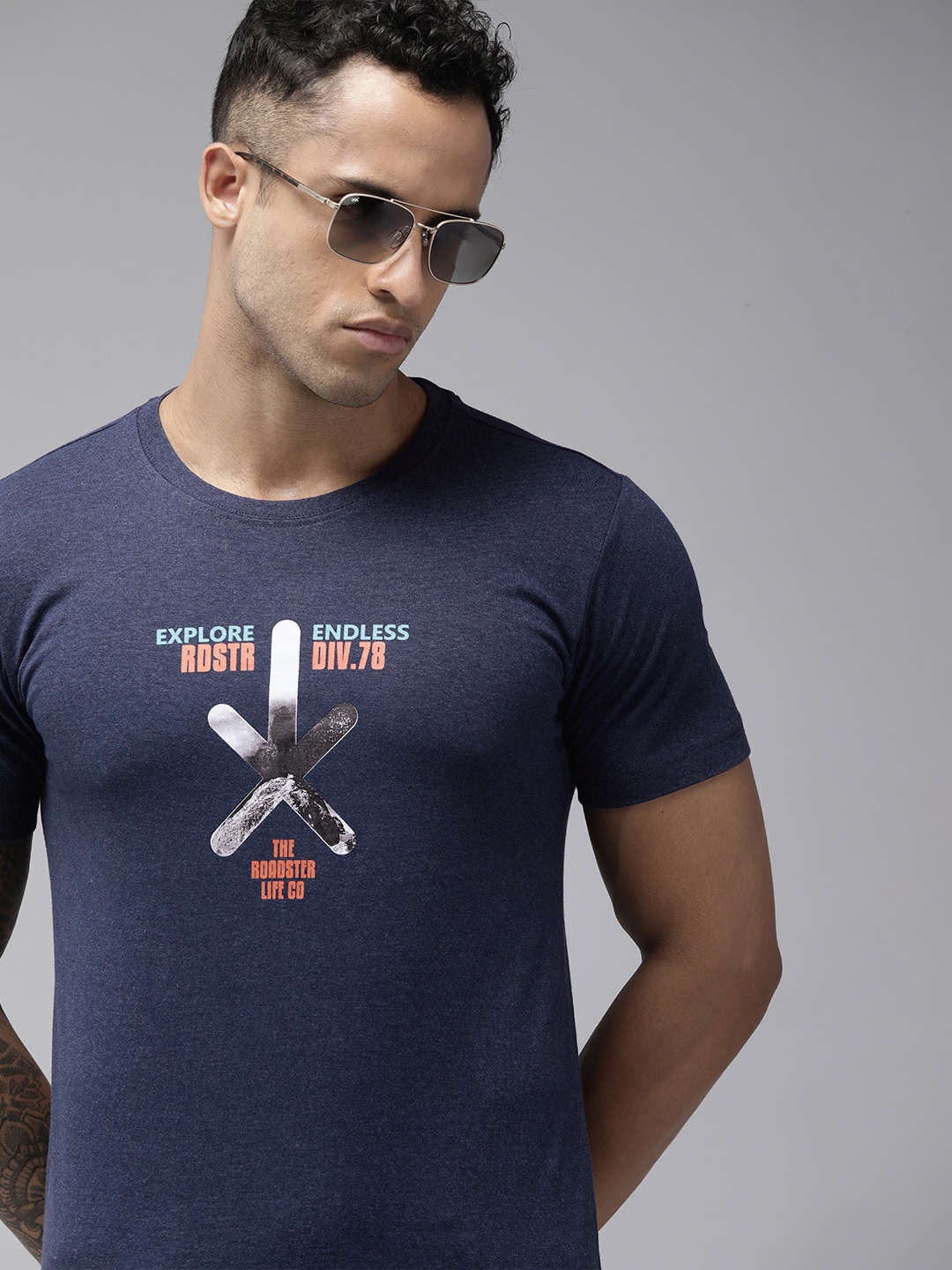 

Roadster Men Navy Blue Printed Pure Cotton T-shirt