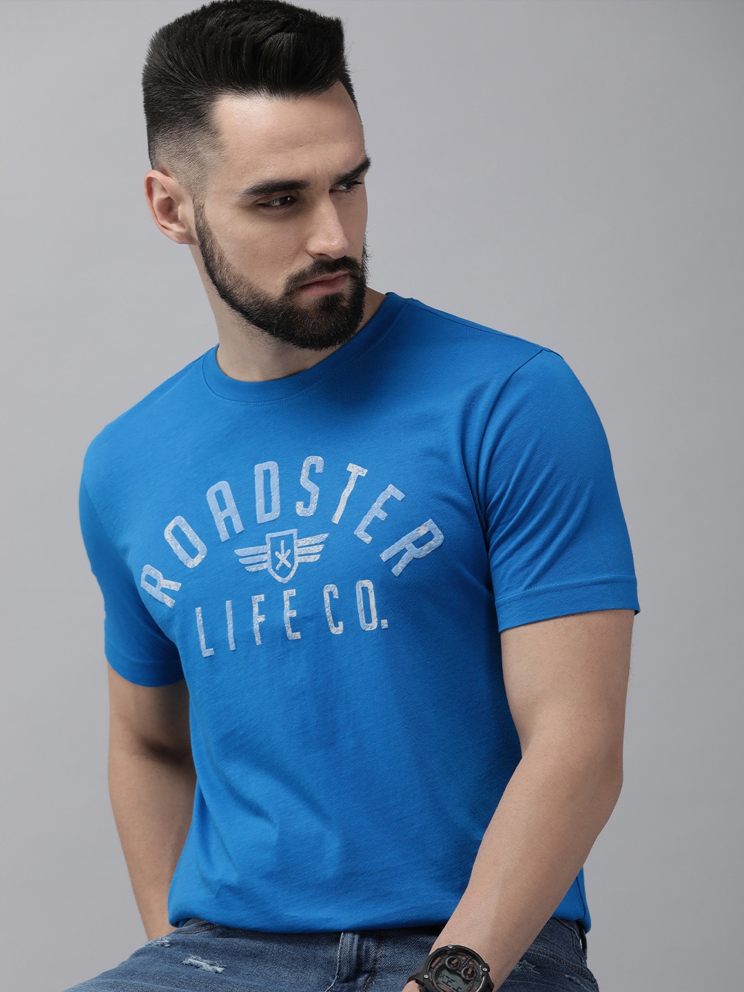 

Roadster Men Blue Brand Logo Printed Pure Cotton T-shirt