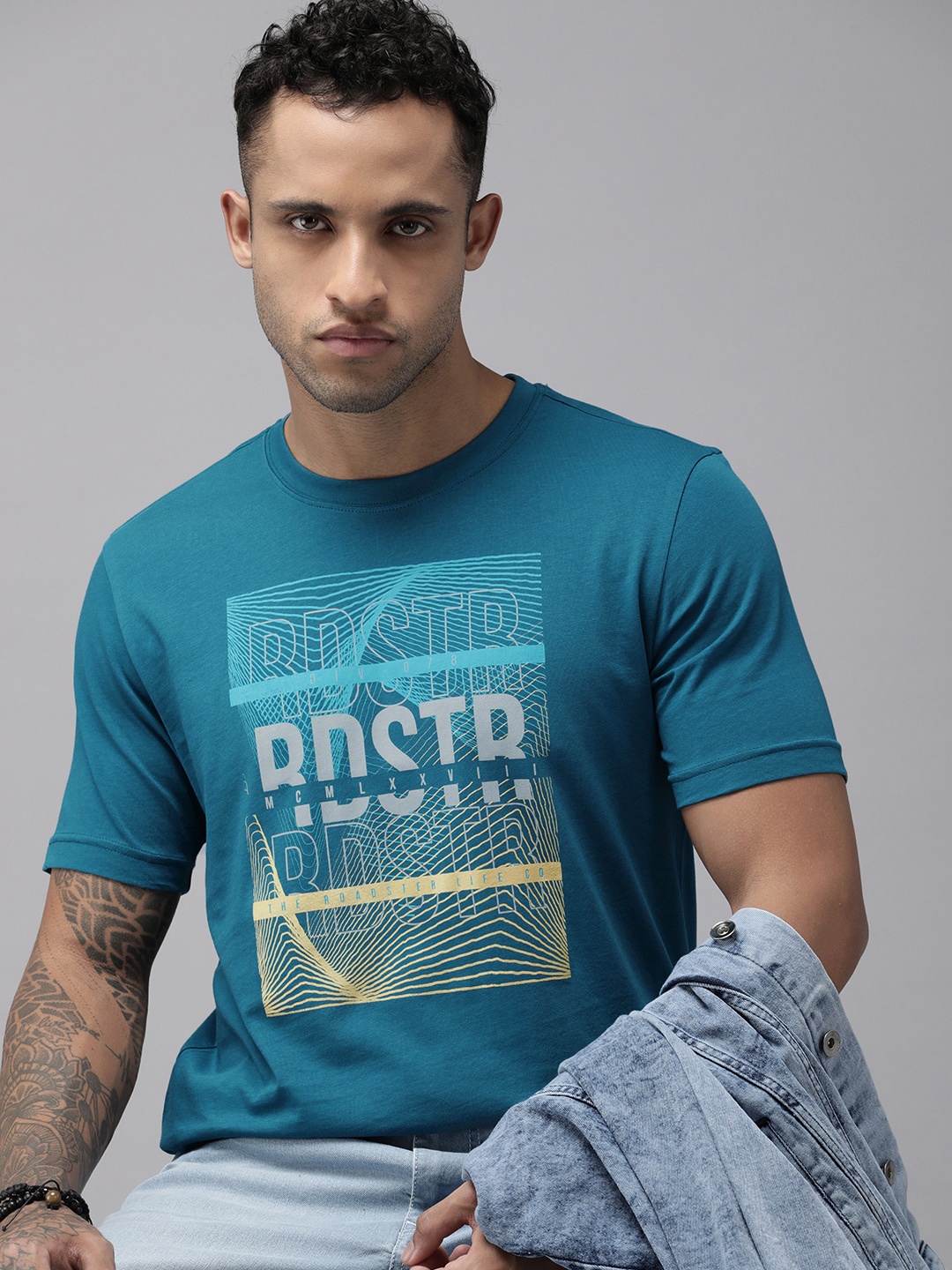 Roadster Men Teal Brand Logo Printed Pure Cotton T-shirt