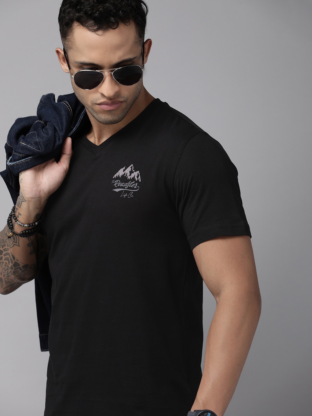 

Roadster Men Black V-Neck Pure Cotton T-shirt