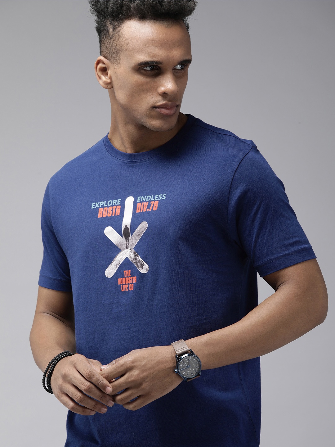 

Roadster Men Navy Blue Typography Printed Pure Cotton T-shirt