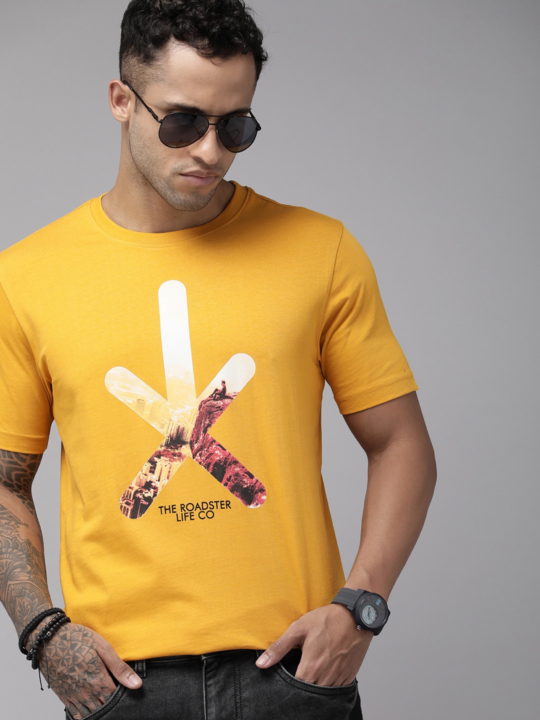 

Roadster Men Mustard Yellow Printed Pure Cotton T-shirt