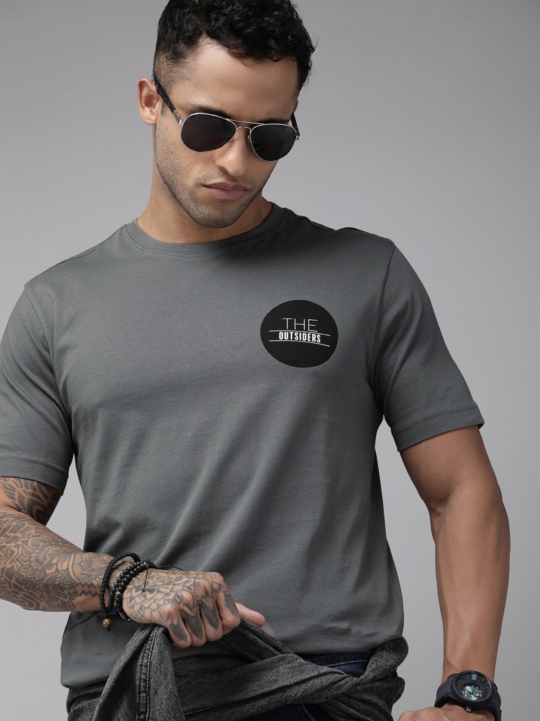 

Roadster Men Grey Typography Printed Pure Cotton T-shirt