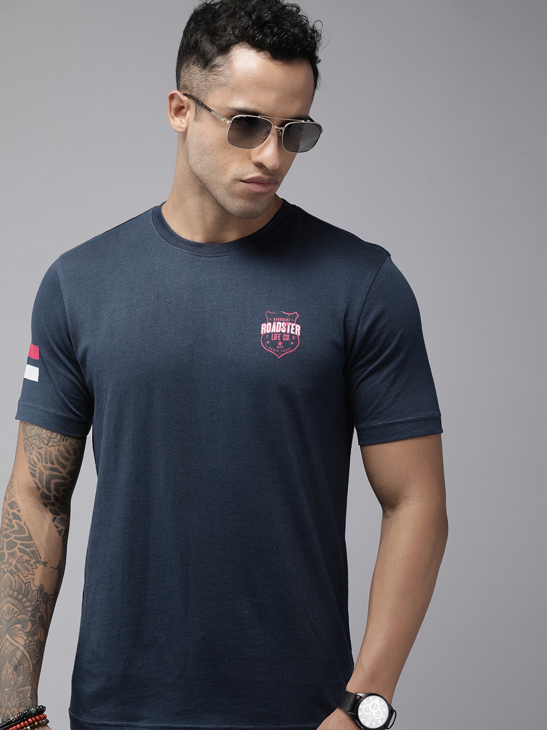 

Roadster Men Navy Blue Pure Cotton T-shirt