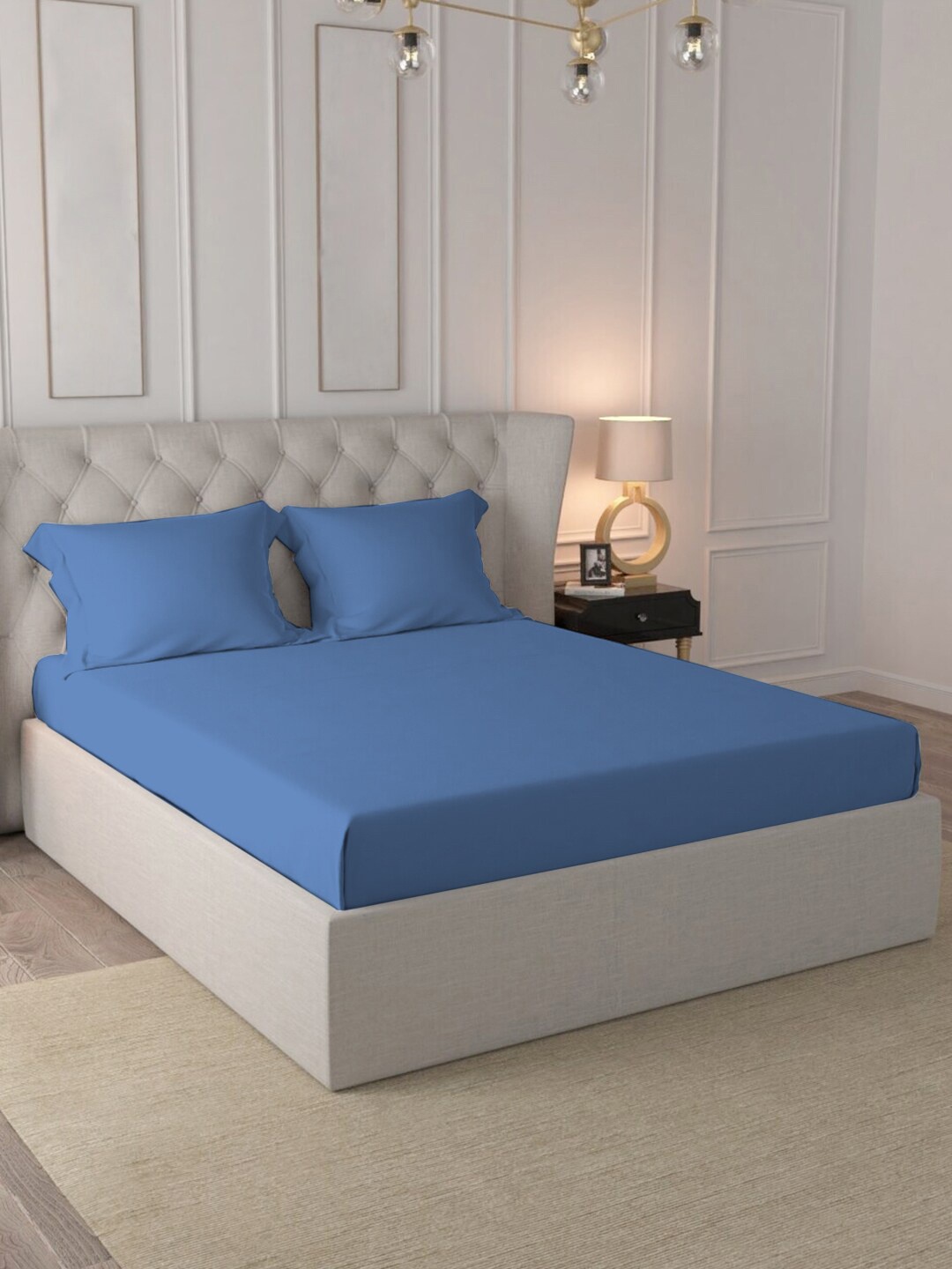 

PIZUNA LINENS Blue 400 TC Queen Bedsheet with 2 Pillow Covers