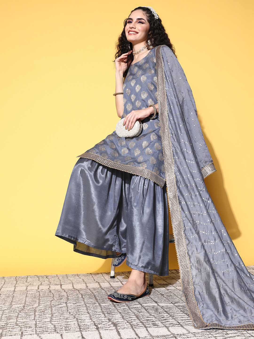 

Sunehri Floral Brocade Kurta & Sharara With Dupatta, Grey