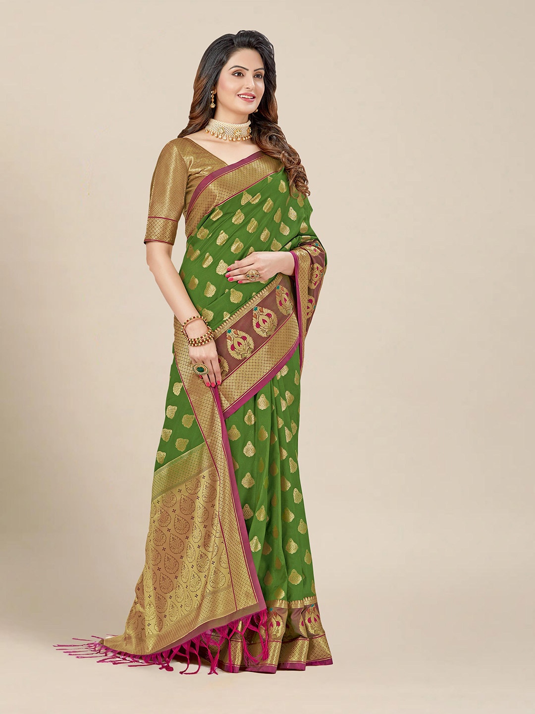 

MS RETAIL Olive Green & Purple Woven Design Zari Silk Blend Banarasi Saree