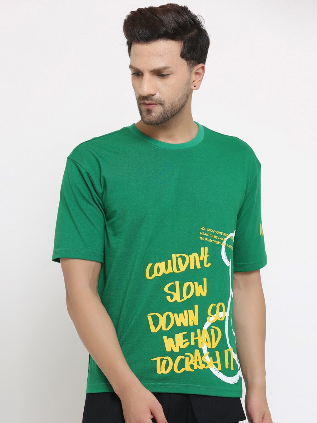 

EVERDION Men Green Typography Printed Bio Finish Oversized T-shirt
