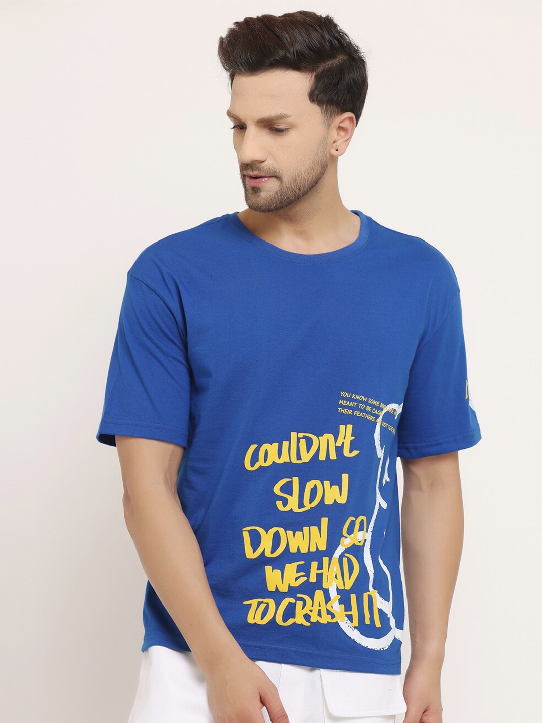 

EVERDION Men Blue Typography Printed Bio Finish Oversized T-shirt