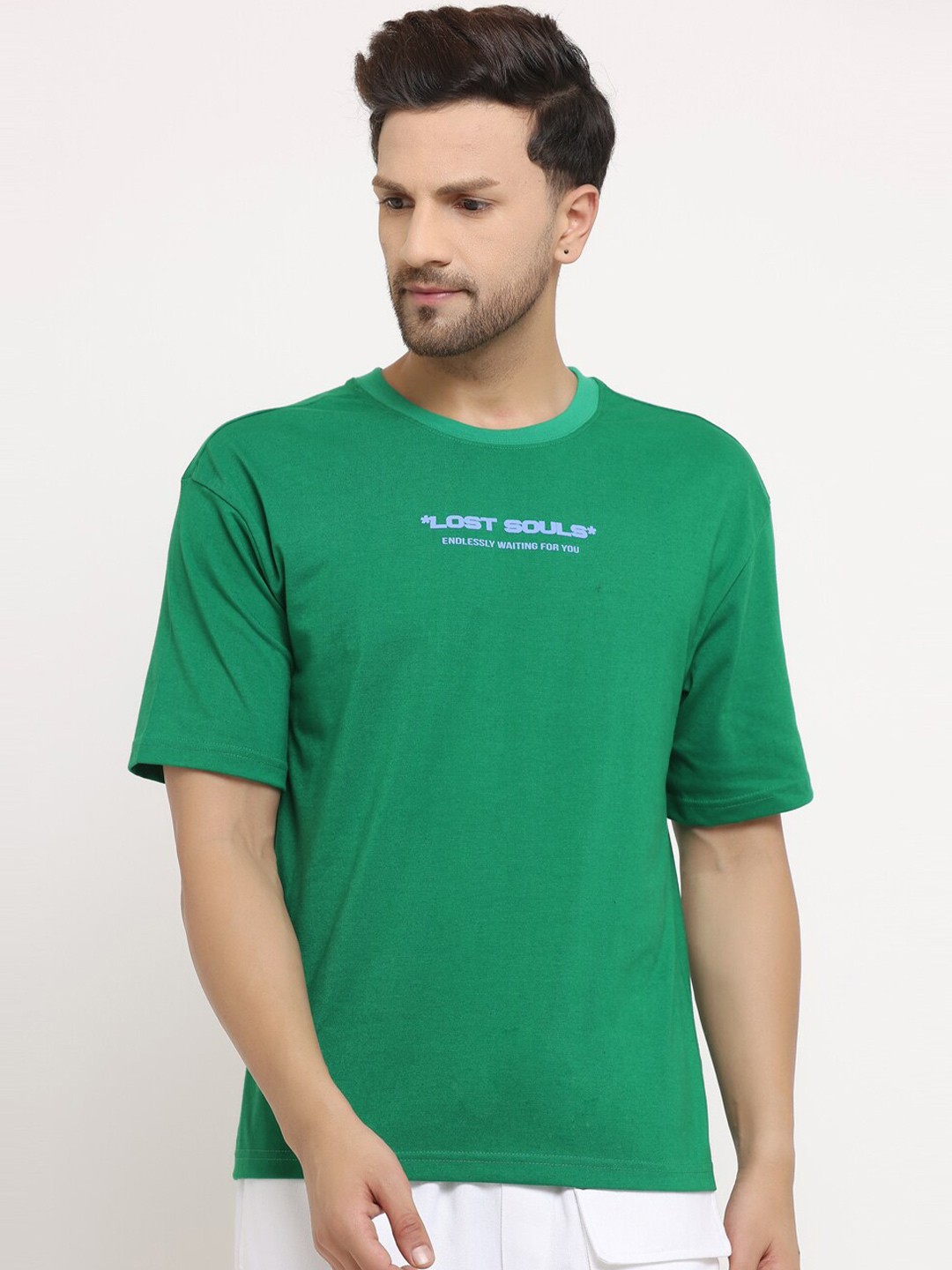 

EVERDION Men Green Drop-Shoulder Sleeves Bio Finish Oversized T-shirt