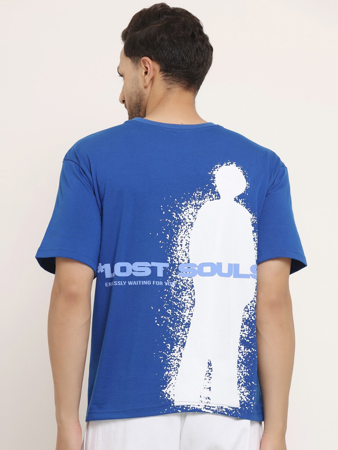 

EVERDION Men Blue & White Typography Printed Bio Finish Oversized T-shirt