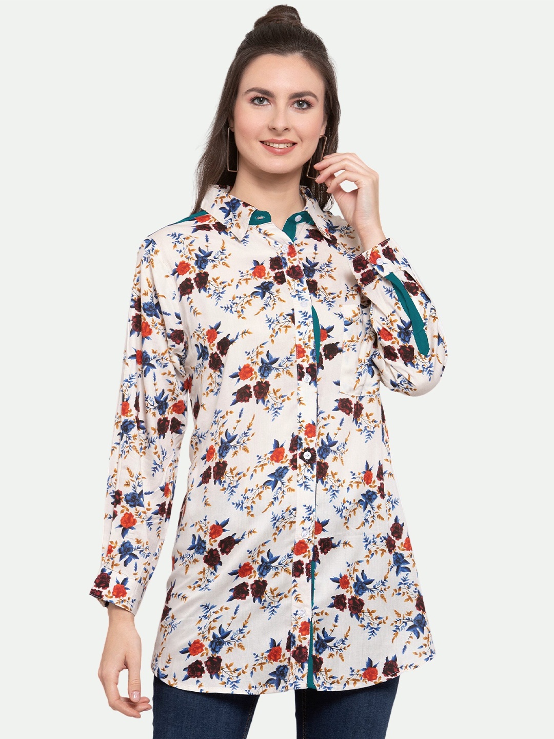 

PATRORNA Women Cream Comfort Floral Printed Casual Shirt