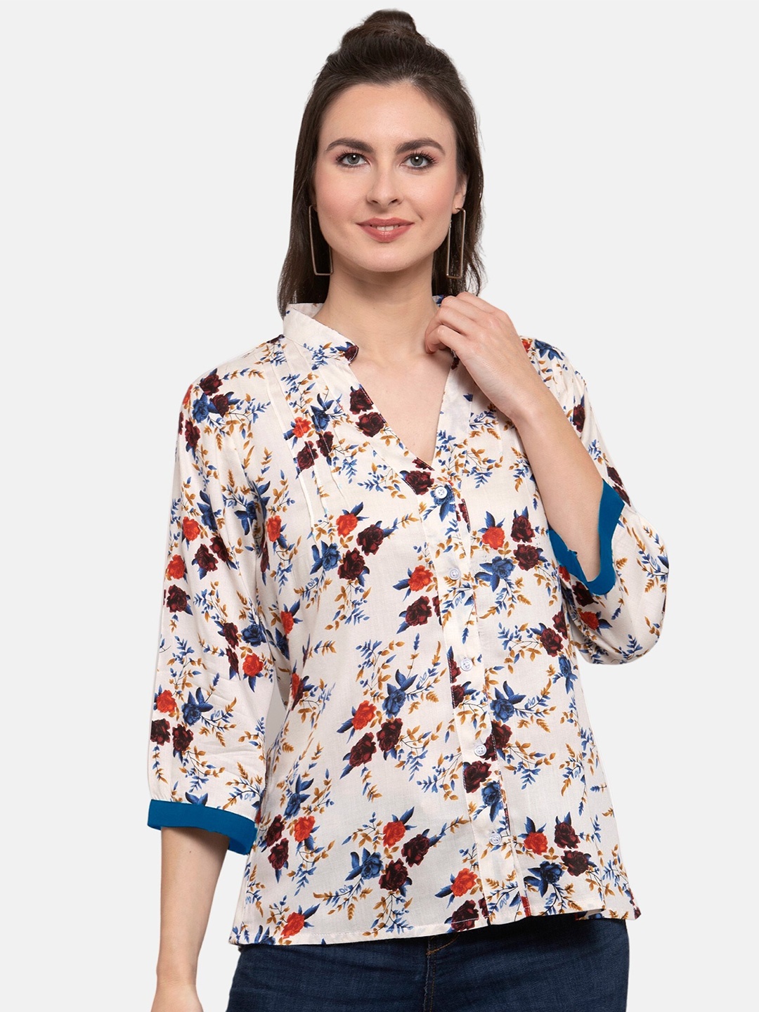 

PATRORNA Women Off White Comfort Floral Printed Casual Shirt