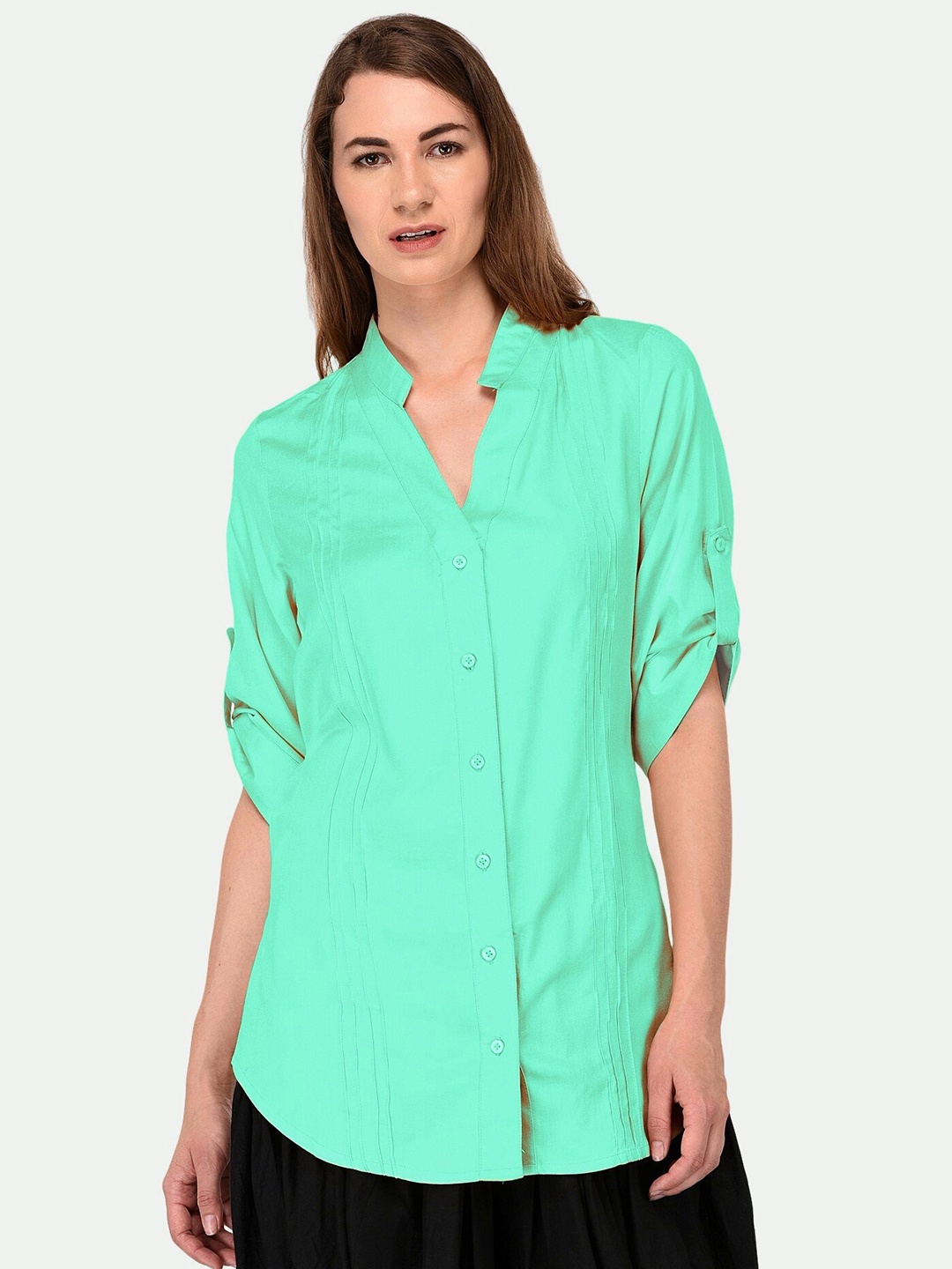 

PATRORNA Women Sea Green Comfort Pintuck Casual Shirt