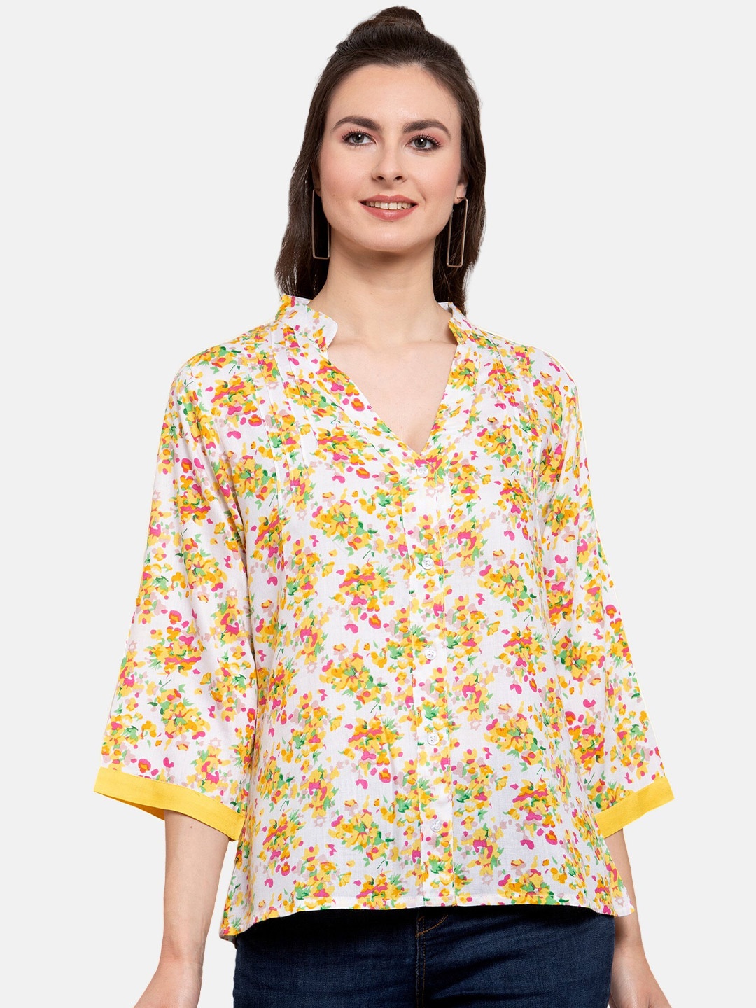 

PATRORNA Plus Size Women Yellow Comfort Floral Printed Casual Shirt