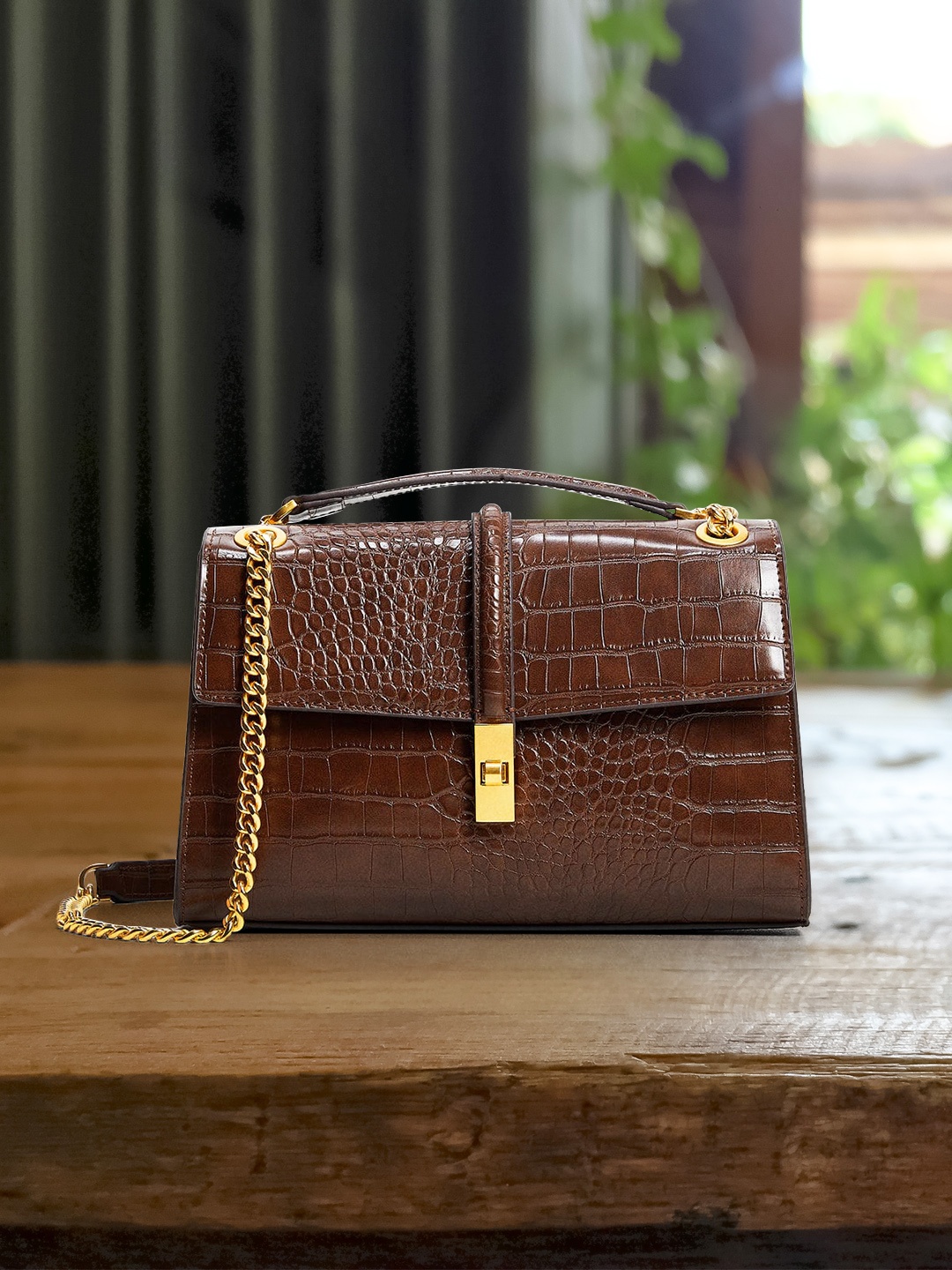 

MANGO Brown Croc Textured Structured Shoulder Bag