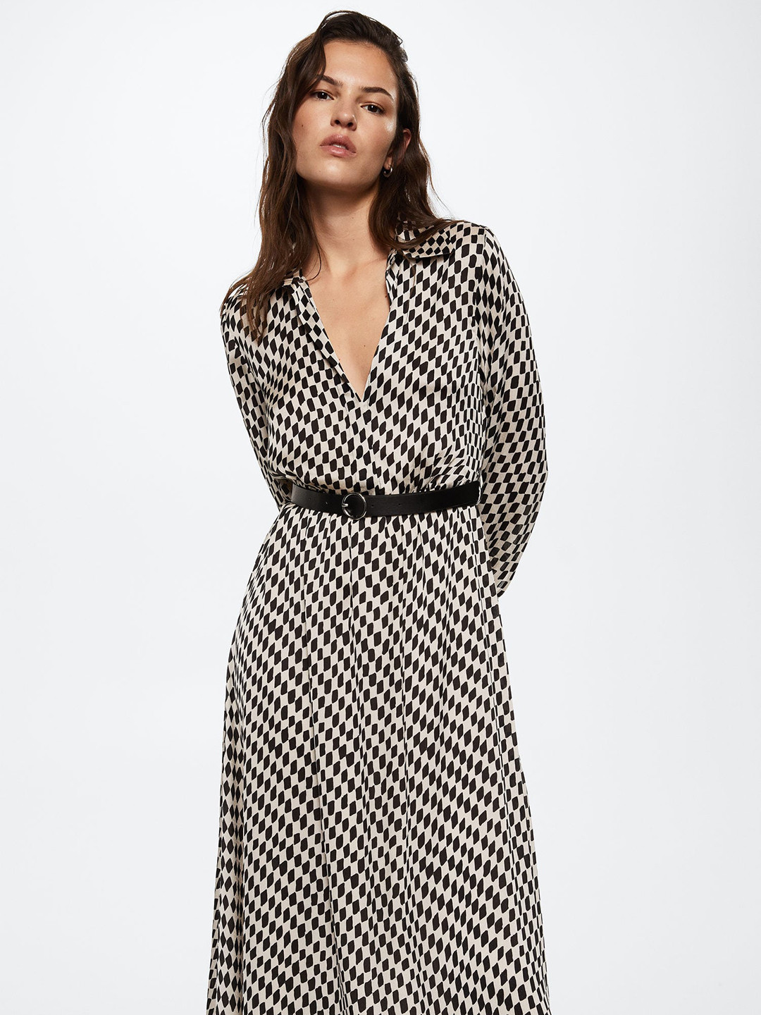 

MANGO White & Black Printed Sustainable A-Line Midi Dress With Belt