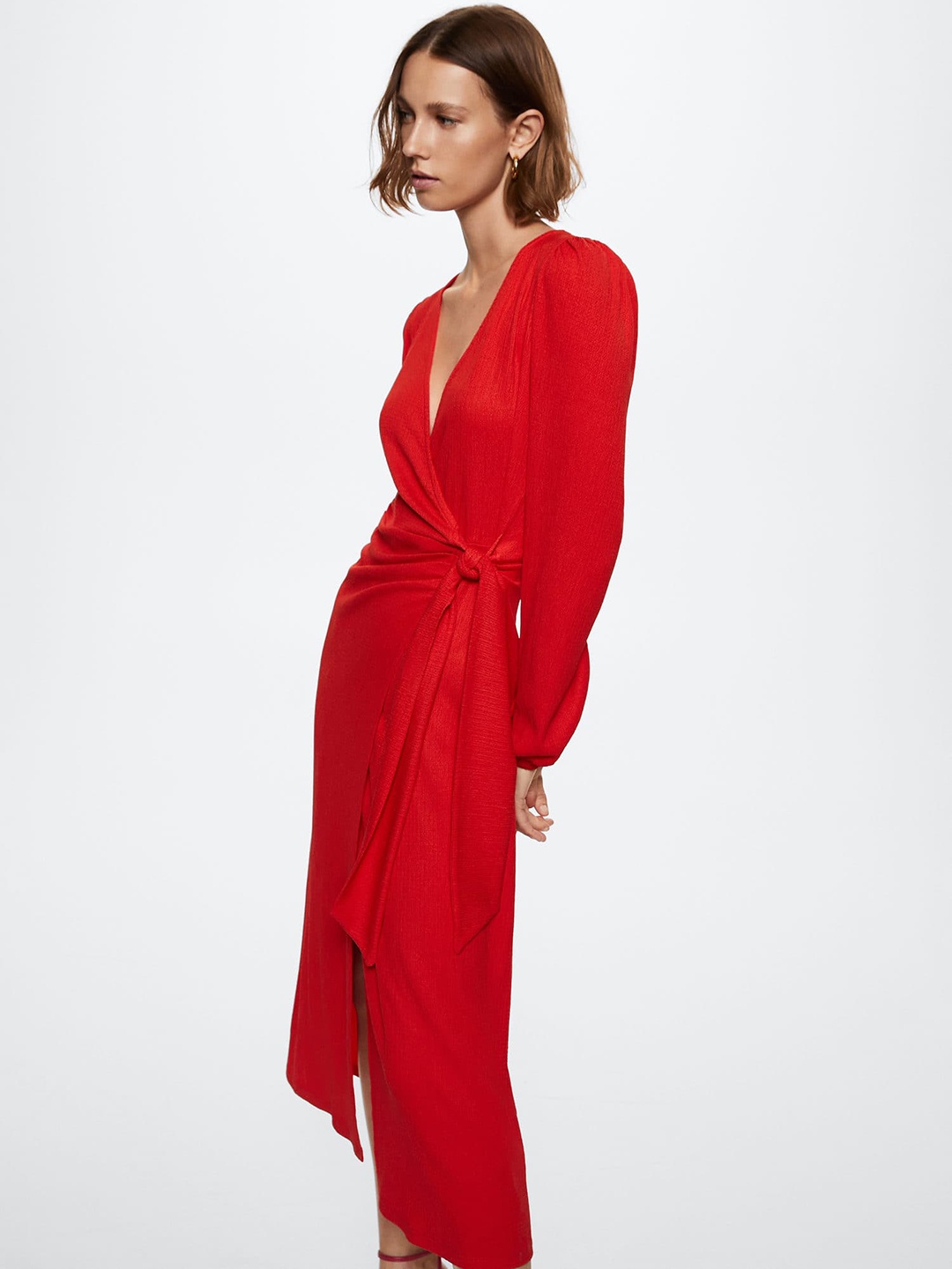 

MANGO Red Solid Wrap Midi Dress